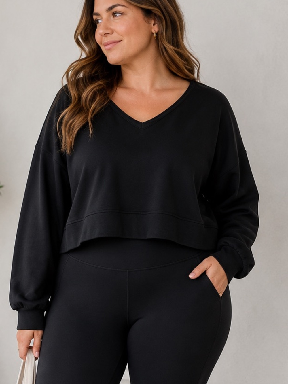 CARACILIA Black Vee Neck Oversized Athleisure Crop Sweatshirt Size XL